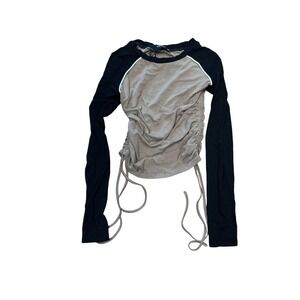 Cider Womens XXS Ruched‎ Long Sleeve Top Black Beige Casual Tee Shirt NWOT